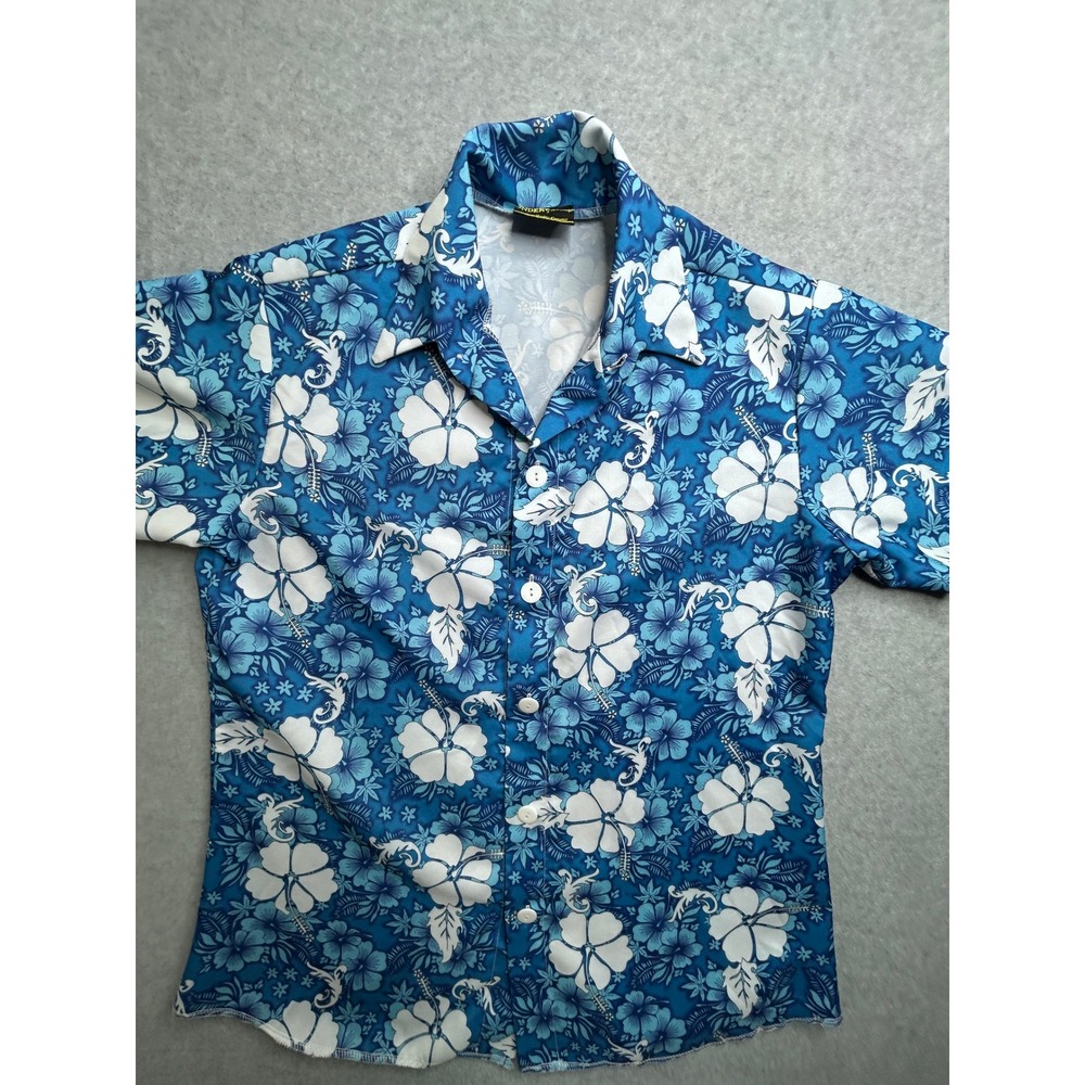 Underwraps Mens Blue White Tropical Hibiscus Floral Short Sleeve Button Up Shirt